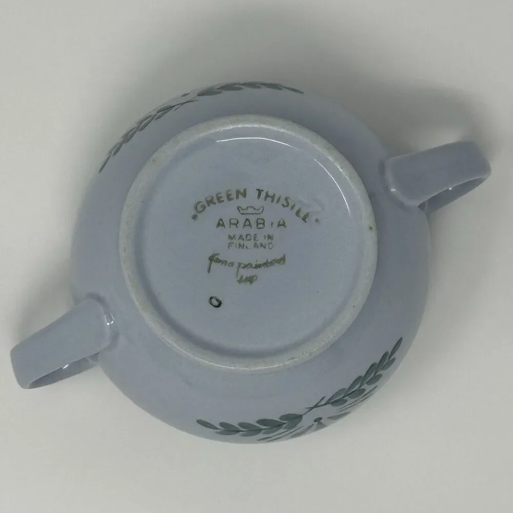 Arabia Finland Green Thistle Sugar Bowl and Lid Handpainted Vintage